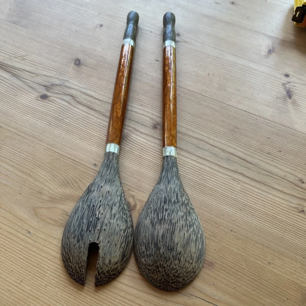 hand-carved wooden salad servers inlaid with mother of pearl handles New